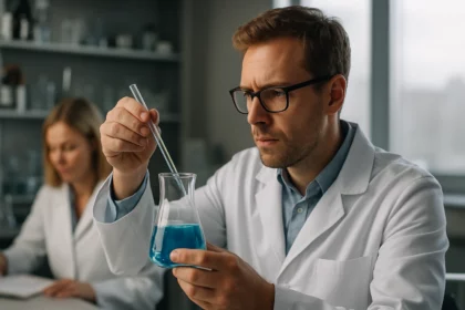Kémikus laboratóriumban folyadékot vizsgál és kísérletezik.