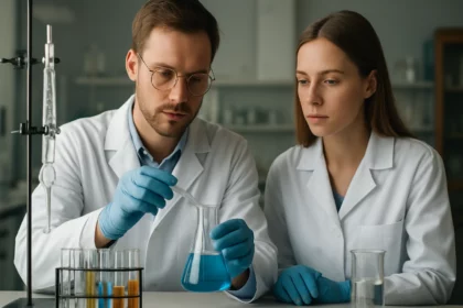 Két kutató laboratóriumi környezetben Barfoed-reagenst vizsgál.
