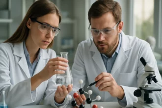 Két kémikus, akik bárium-szulfátot vizsgálnak laboratóriumban.