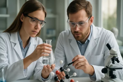 Két kémikus, akik bárium-szulfátot vizsgálnak laboratóriumban.