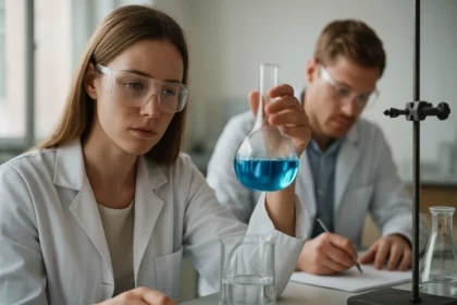 Két kémikus laboratóriumban, bárium-vízet vizsgálva.