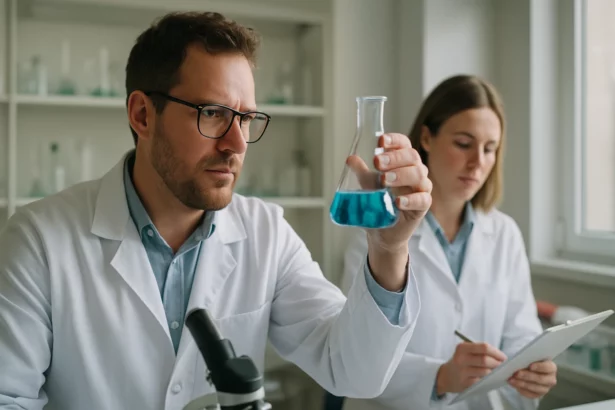 Két tudós laboratóriumban bárium-hidrogén-karbonát vizsgálatát végzi.