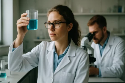Laboratóriumi kutató bárium-hidroxid oldatot vizsgál.