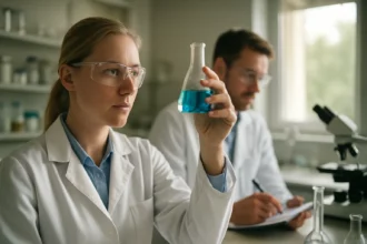 Kémikus bárium-karbonáttal dolgozik laboratóriumban.