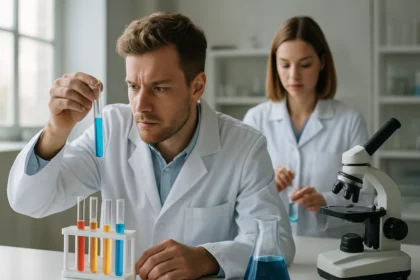 Két kutató laboratóriumban bárium-kloriddal végzett kémiai kísérletet mutat be.