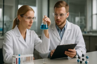 Két vegyész laboratóriumi kísérlet közben, bárium-szulfáttal kapcsolatos kutatás.