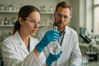 Laboratóriumban bárium-szulfidot vizsgáló tudósok.