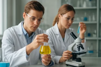 Kémikusok barna színezékeket vizsgálnak az élelmiszeriparban.