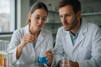 Két kutató a laboratóriumban huminsavak vizsgálatán dolgozik.