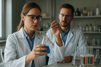 Kémikusok laborkörnyezetben, folyadékot vizsgálva laboratóriumi üvegedényben.