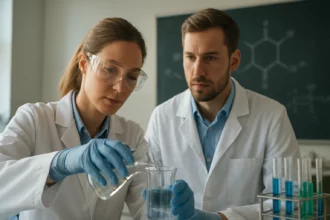 Kémikusok laboratóriumi kísérletet végeznek kolloid félvezetők előállítására.