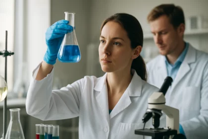 Kémiai kísérlet laboratóriumban, kék oldatot tartalmazó lombikban