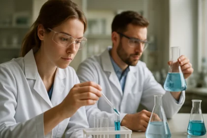 Két kutató laboratóriumban bayerit vizsgálatán dolgozik