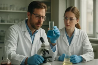 Két tudós laboratóriumban bázisokat és oldatokat vizsgál.