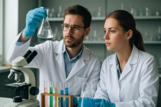 Két kutató, laboratóriumban bázisanhidrideket elemezve.