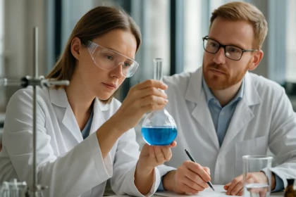 Két vegyész kísérletez egy laboratóriumban bázikus anyagokkal.