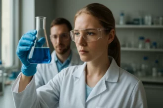 Kémiai laboratóriumi kísérlet, női tudós kék oldatot vizsgál