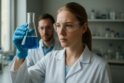 Kémiai laboratóriumi kísérlet, női tudós kék oldatot vizsgál