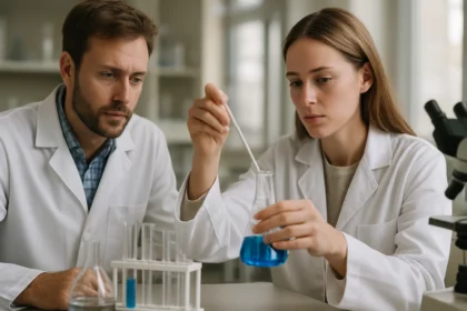 Két tudós kémiai kísérletet végez egy laboratóriumban.