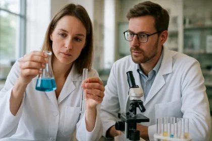 Két tudós laboratóriumban bázisos magnézium-szilikátot vizsgálnak.