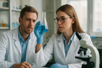 Két kutató laboratóriumban bázisos ólom(II)-szulfátot vizsgálva.