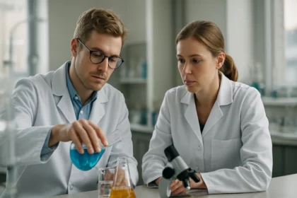 Két tudós laboratóriumban, bázisos réz-karbonáttal kapcsolatos kísérleten dolgoznak.