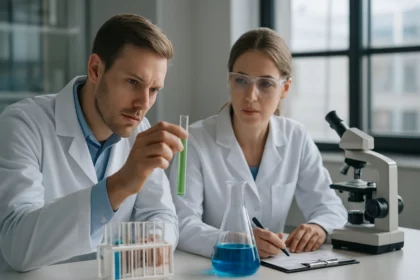 Laboratóriumi kísérlet bázisos sók vizsgálatára kémiai szakértők által.