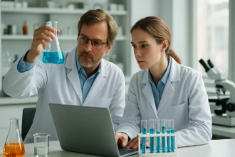 Két tudós laboratóriumban, kémcsövek és kék folyadékok mellett.