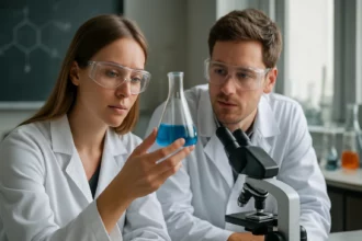 Két tudós laboratóriumi környezetben, kémcsőben kék folyadékkal.