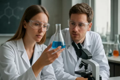 Két tudós laboratóriumi környezetben, kémcsőben kék folyadékkal.