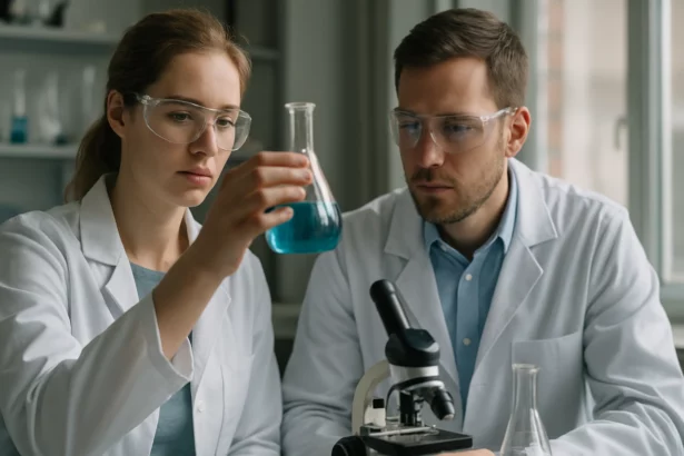 Két kutató laboratóriumban céklavörös színezék kísérletezés közben.