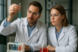 Két kémikus laboratóriumi kísérlet közben, Beilstein-teszt elvégzésére készülve.