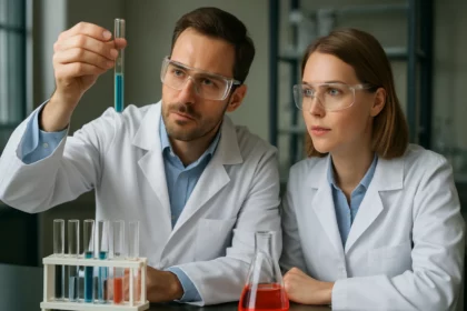 Két kémikus laboratóriumi kísérlet közben, Beilstein-teszt elvégzésére készülve.