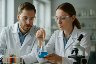 Két laboratóriumi szakember a Benedict-reagens laboratóriumi használatán dolgozik.