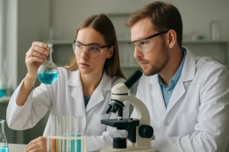 Két tudós kémiai kísérletet végez a laboratóriumban.