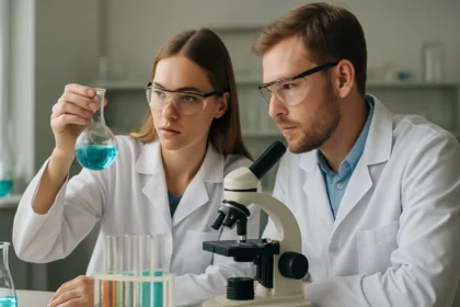 Két tudós kémiai kísérletet végez a laboratóriumban.