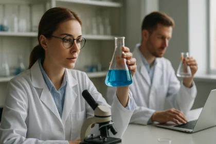 Két kémikus laboratóriumban, kémiakísérletet végeznek.