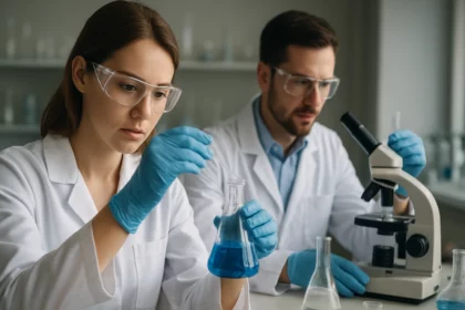 Laboratóriumi kutatók benzamidoecetsav kutatás közben