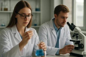 Két kutató laboratóriumban, benzazin vegyület vizsgálata