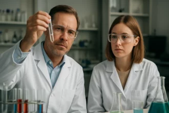 Két kémikus laboratóriumi környezetben indolt elemzően vizsgál