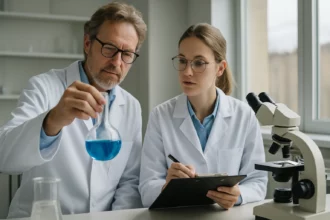 Két kutató a benzidin kémiai elemzésén egy laboratóriumban.