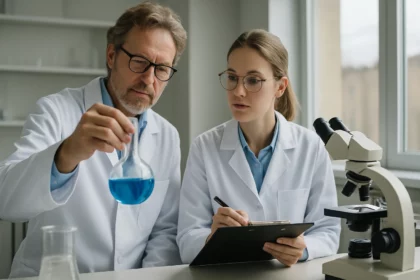Két kutató a benzidin kémiai elemzésén egy laboratóriumban.