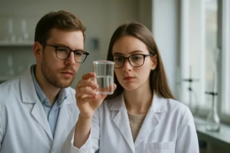 Két tudós, akik a laboratóriumban egy pohár folyadékot vizsgálnek.