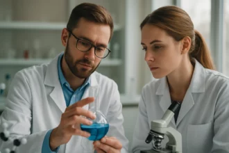 Két kémikus vizsgál egy kék oldatot laboratóriumban