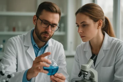 Két kémikus vizsgál egy kék oldatot laboratóriumban