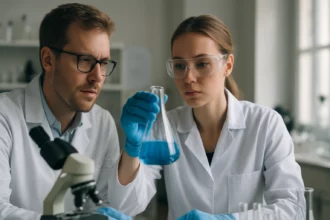 Kémiai reakciót elemző tudósok a laboratóriumban