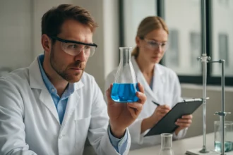 Két kutató laboratóriumban, az egyik kémcsőben kék oldattal.