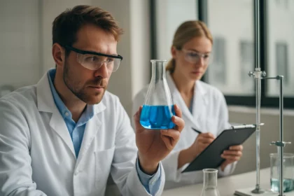 Két kutató laboratóriumban, az egyik kémcsőben kék oldattal.