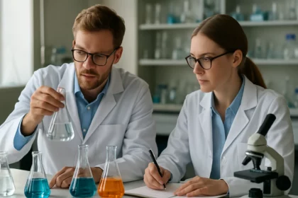Két vegyész laboratóriumban dolgozik különböző oldatokkal.