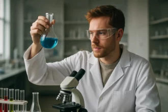 Laboratóriumi kísérlet: tudós kék folyadékot vizsgál